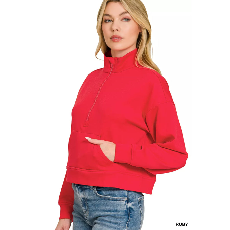 Zenana Scuba Half Zip Pullover With Kangaroo Pockets Apparel and Accessories