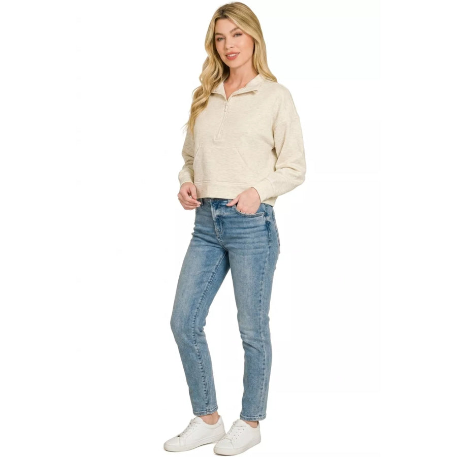 Zenana Scuba Half Zip Pullover With Kangaroo Pockets Apparel and Accessories