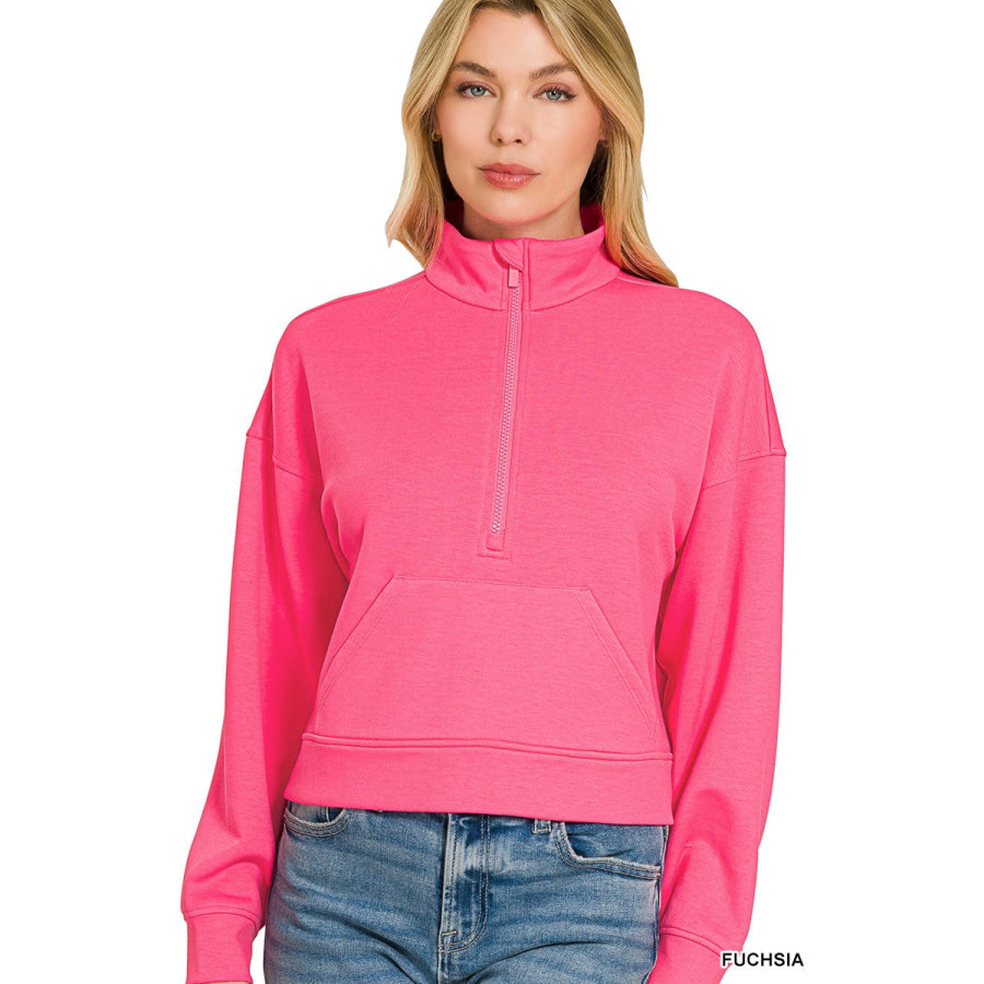 Zenana Scuba Half Zip Pullover With Kangaroo Pockets FUCHSIA / S Apparel and Accessories