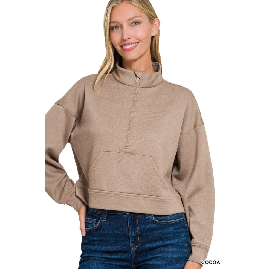 Zenana Scuba Half Zip Pullover With Kangaroo Pockets COCOA / S Apparel and Accessories