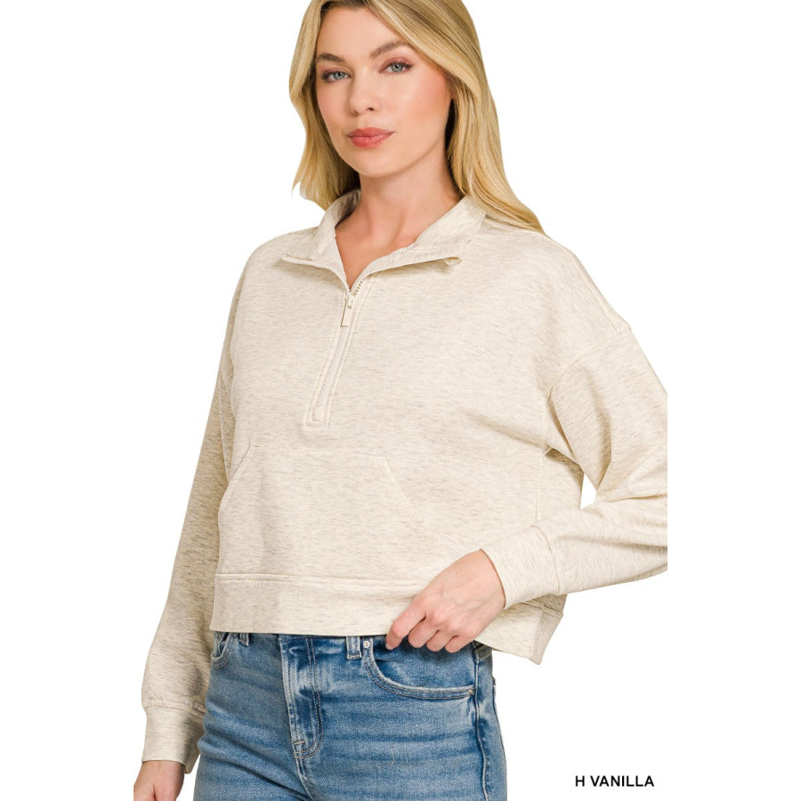 Zenana Scuba Half Zip Pullover With Kangaroo Pockets Apparel and Accessories