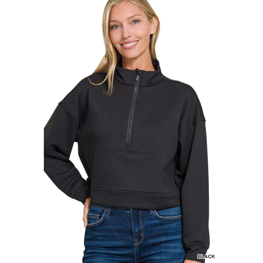 Zenana Scuba Half Zip Pullover With Kangaroo Pockets Apparel and Accessories