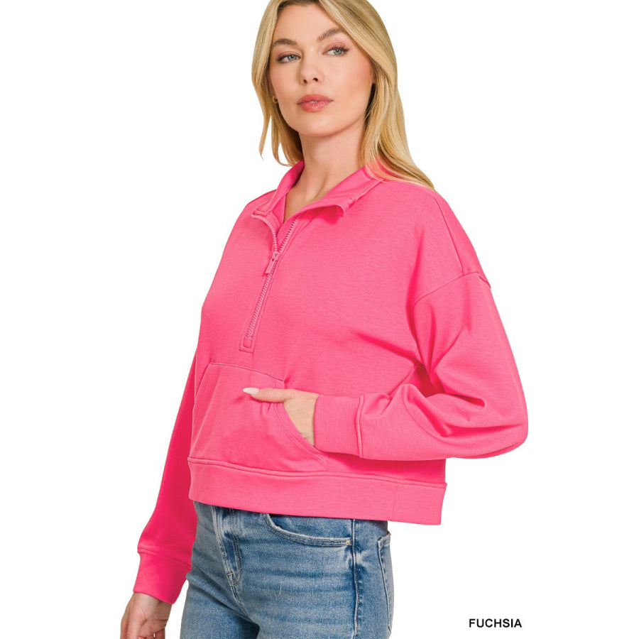 Zenana Scuba Half Zip Pullover With Kangaroo Pockets Apparel and Accessories