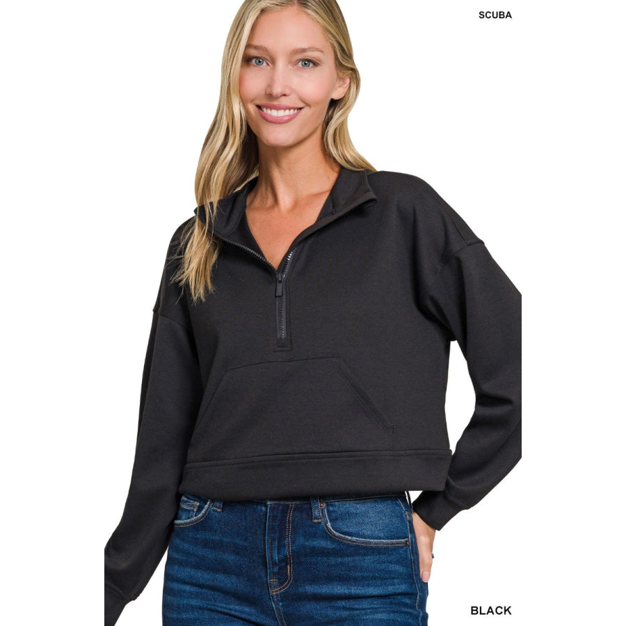 Zenana Scuba Half Zip Pullover With Kangaroo Pockets Apparel and Accessories