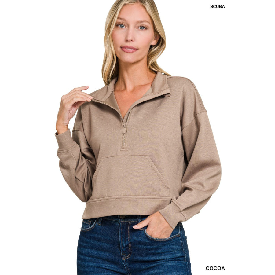 Zenana Scuba Half Zip Pullover With Kangaroo Pockets COCOA / S Apparel and Accessories