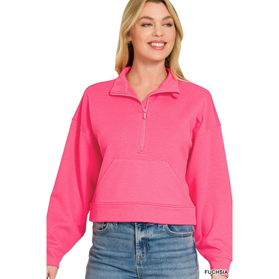 Zenana Scuba Half Zip Pullover With Kangaroo Pockets FUCHSIA / S Apparel and Accessories