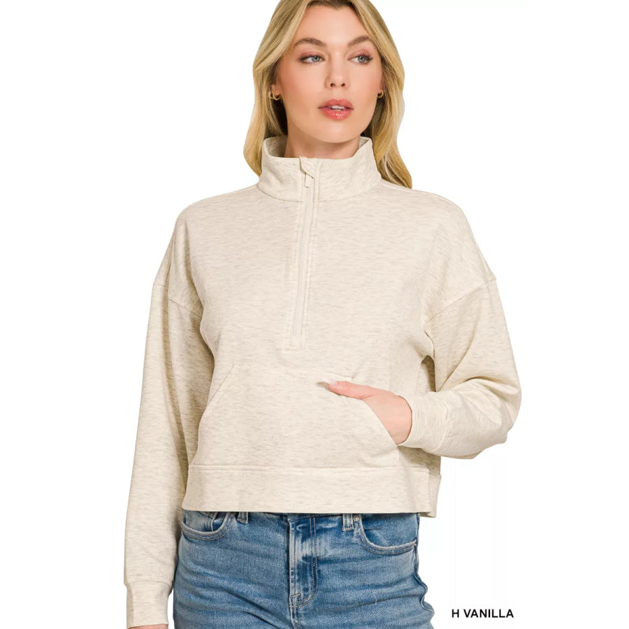 Zenana Scuba Half Zip Pullover With Kangaroo Pockets H VANILLA / S Apparel and Accessories