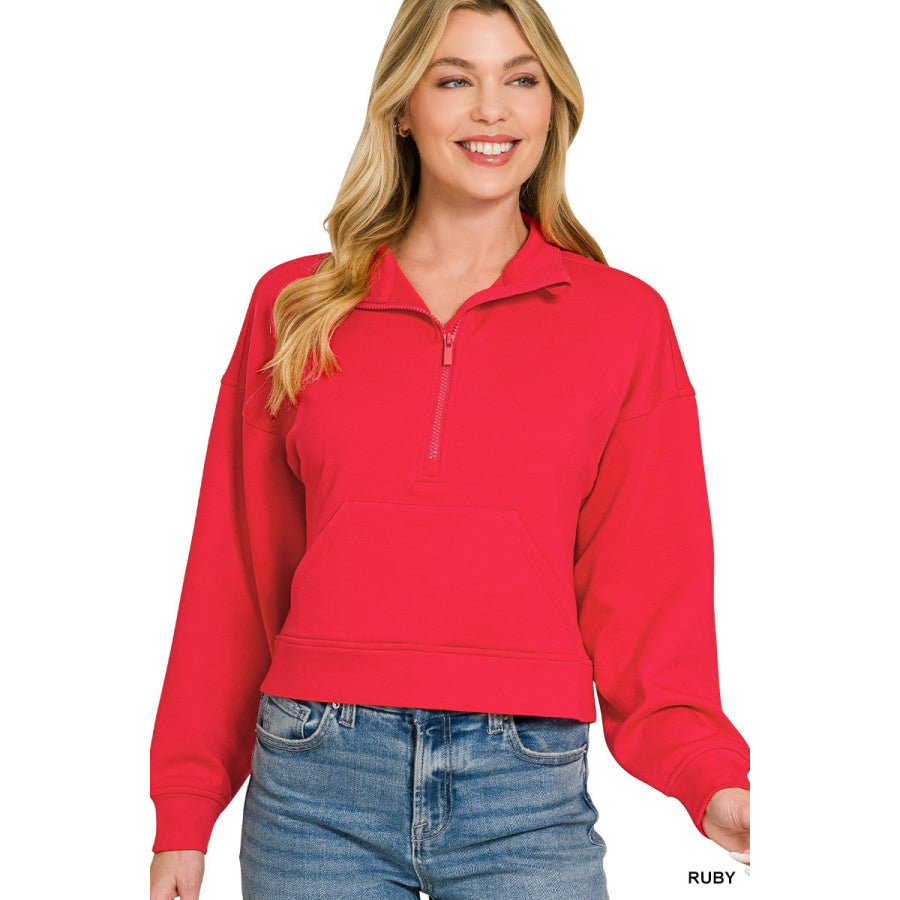 Zenana Scuba Half Zip Pullover With Kangaroo Pockets RUBY / S Apparel and Accessories
