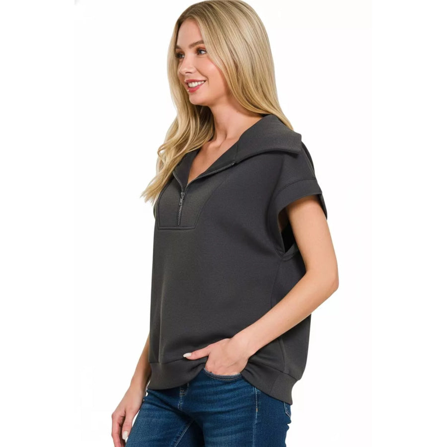 Zenana Scuba Half Zip Top Apparel and Accessories