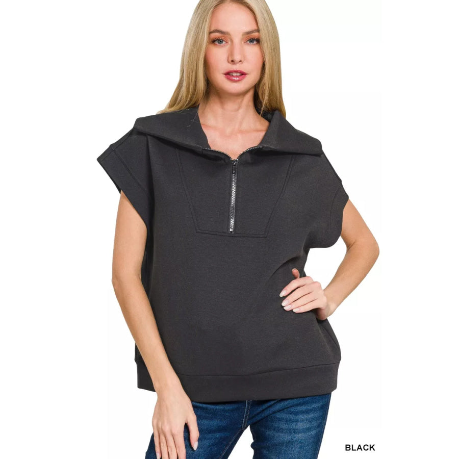 Zenana Scuba Half Zip Top BLACK / S Apparel and Accessories