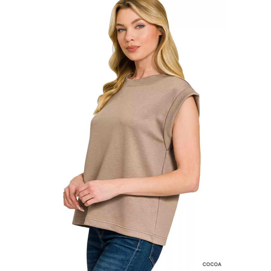 Zenana Scuba Round Neck Cap Sleeve Top COCOA / S Apparel and Accessories