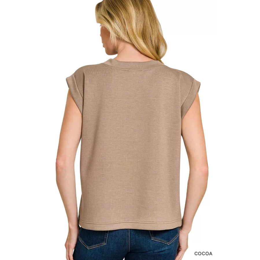 Zenana Scuba Round Neck Cap Sleeve Top Apparel and Accessories