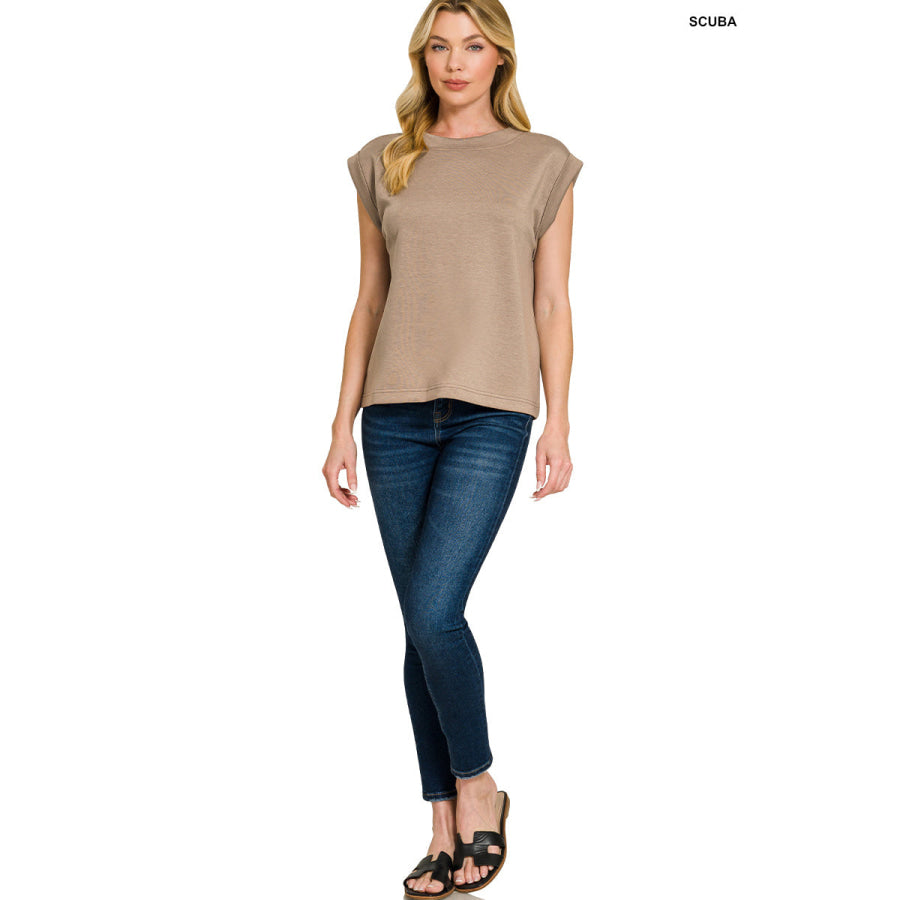 Zenana Scuba Round Neck Cap Sleeve Top Apparel and Accessories