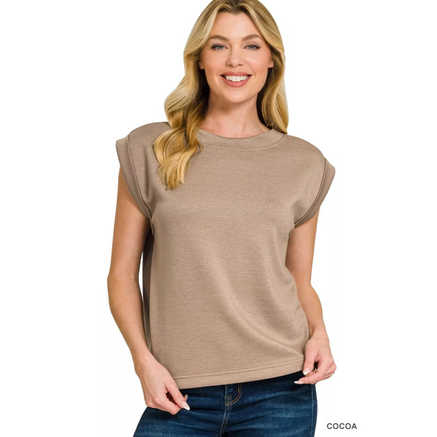 Zenana Scuba Round Neck Cap Sleeve Top COCOA / S Apparel and Accessories