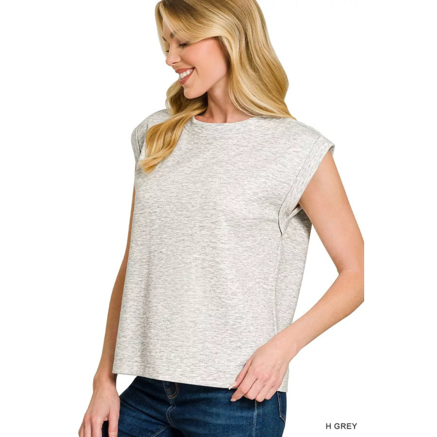Zenana Scuba Round Neck Cap Sleeve Top H GREY / S Apparel and Accessories