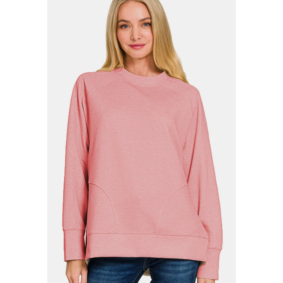 Zenana Scuba Round Neck Side Slit Sweatshirt Apparel and Accessories