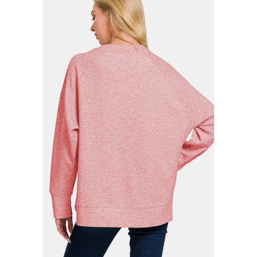 Zenana Scuba Round Neck Side Slit Sweatshirt Lt Rose / S Apparel and Accessories