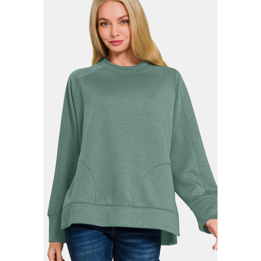 Zenana Scuba Round Neck Side Slit Sweatshirt Ash Jade / S Apparel and Accessories