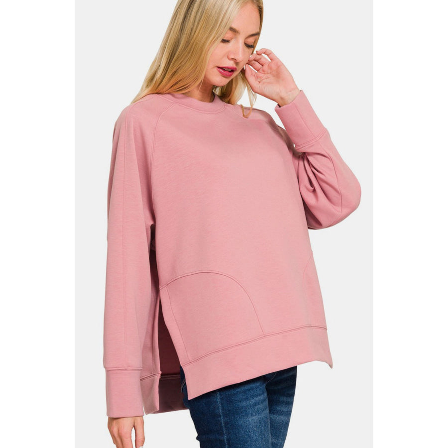 Zenana Scuba Round Neck Side Slit Sweatshirt Lt Rose / S Apparel and Accessories