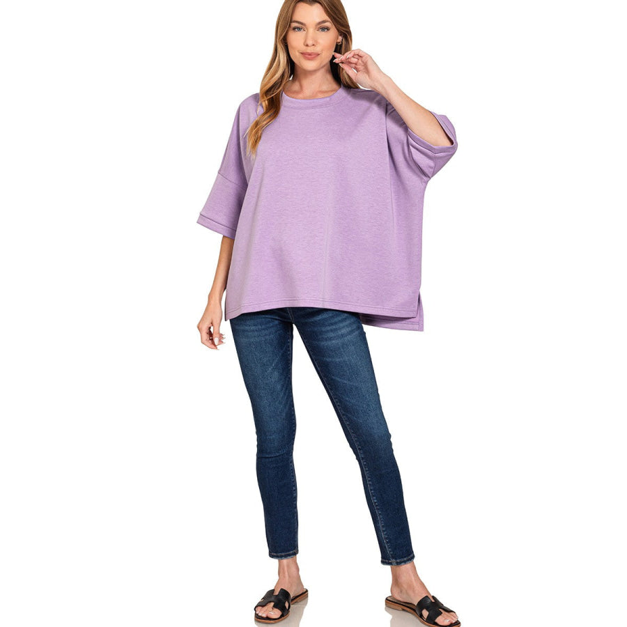 Zenana Scuba Round Neck Top With Side Slits Apparel and Accessories
