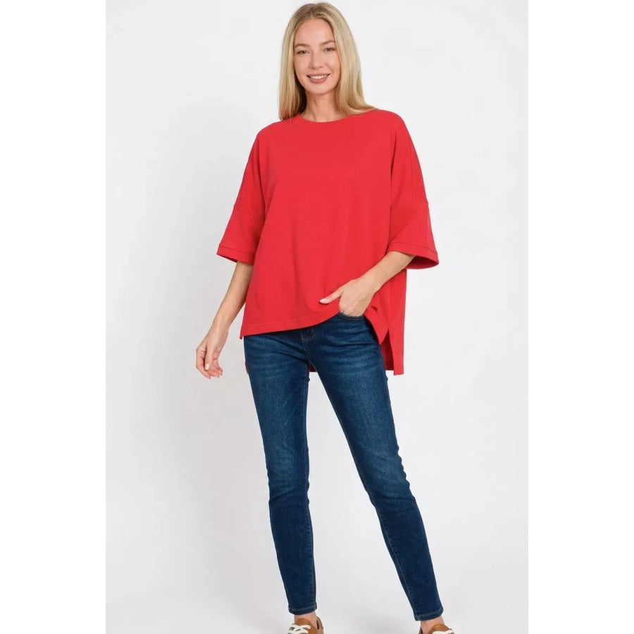Zenana Scuba Round Neck Top with Side Slits Apparel and Accessories