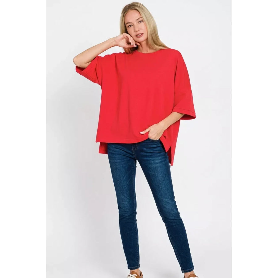 Zenana Scuba Round Neck Top with Side Slits Apparel and Accessories