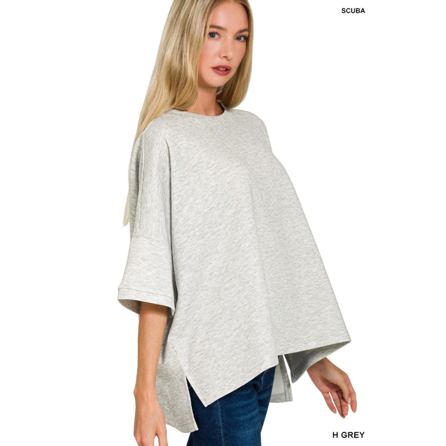 Zenana Scuba Round Neck Top with Side Slits Apparel and Accessories