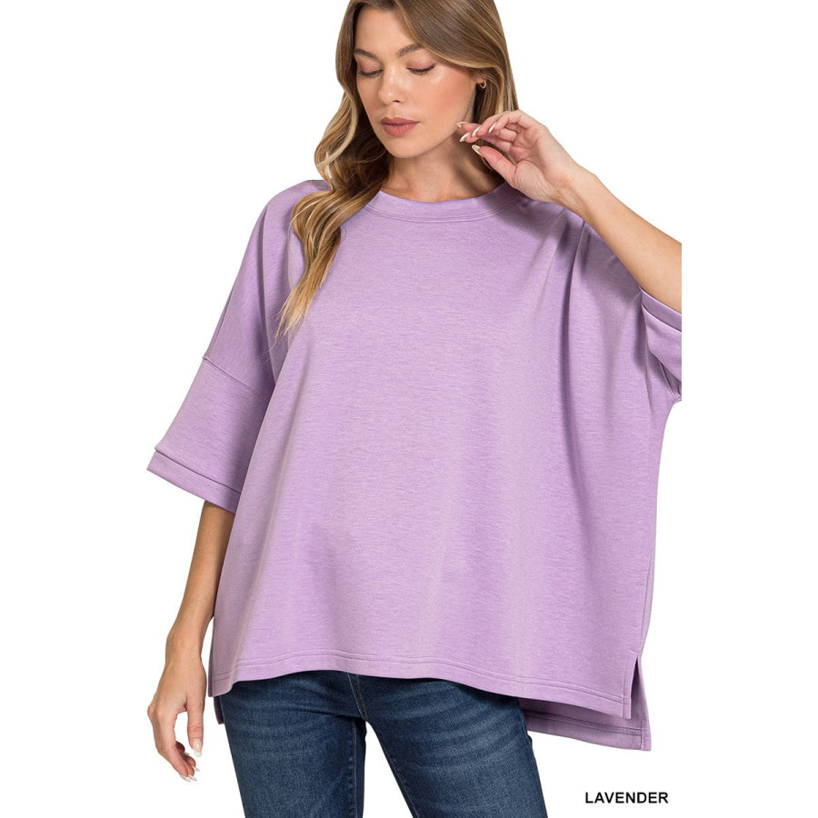 Zenana Scuba Round Neck Top With Side Slits LAVENDER / S/M Apparel and Accessories