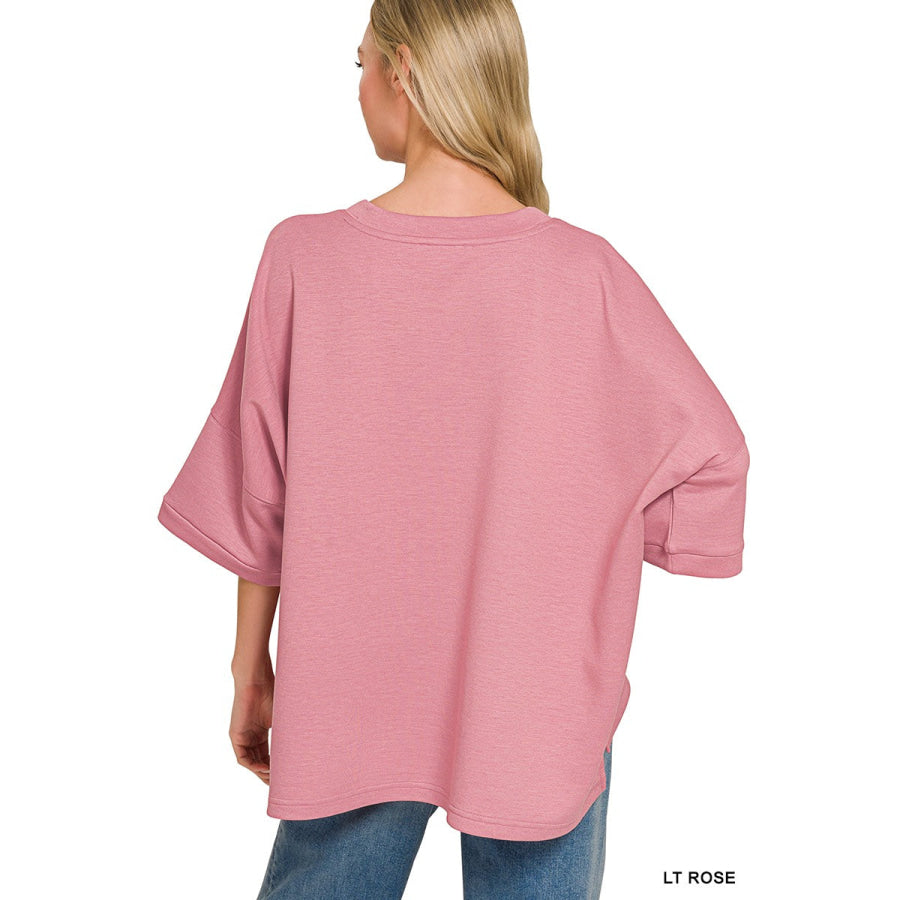 Zenana Scuba Round Neck Top With Side Slits Apparel and Accessories
