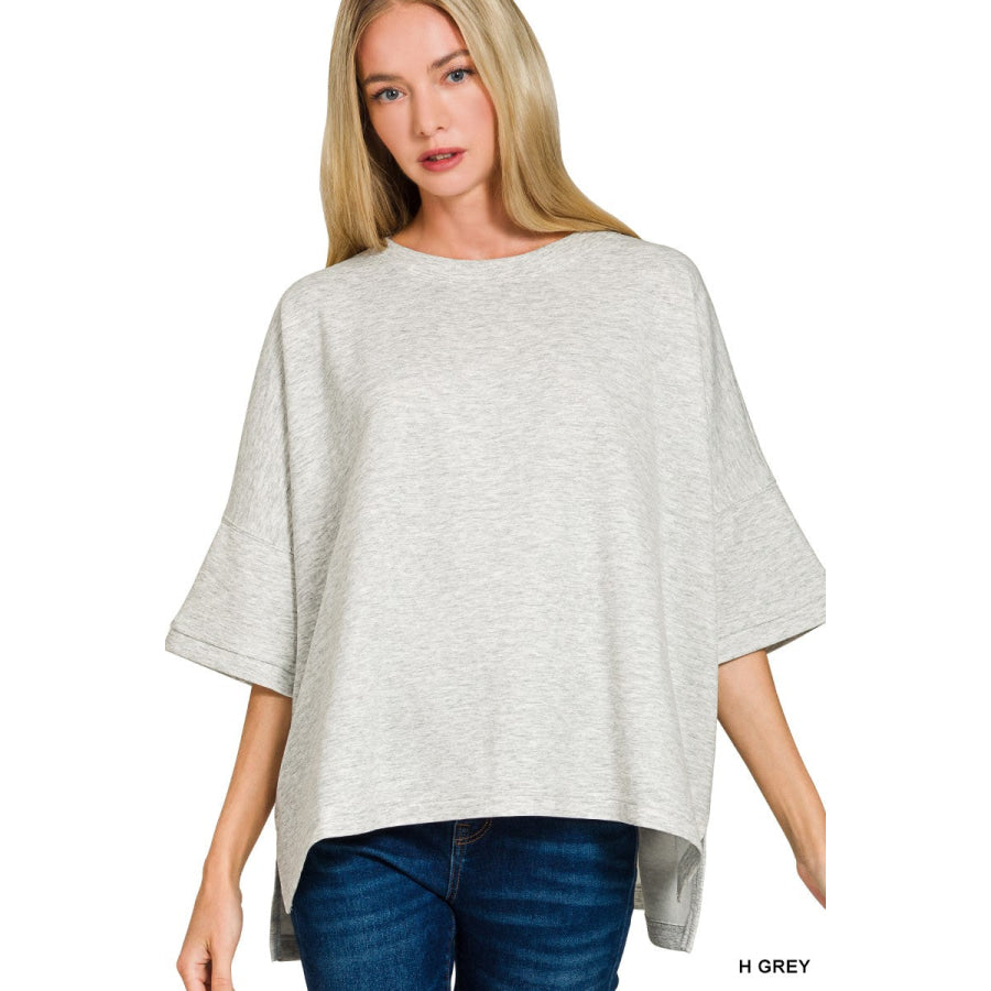 Zenana Scuba Round Neck Top with Side Slits H GREY / S/M Apparel and Accessories
