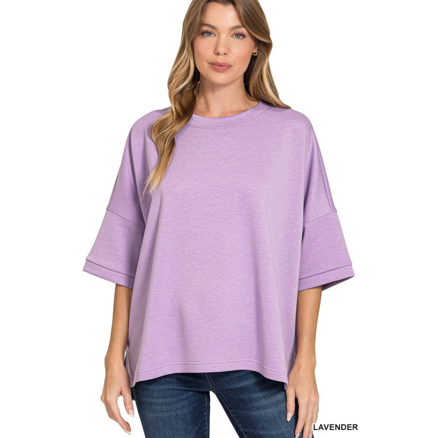 Zenana Scuba Round Neck Top With Side Slits LAVENDER / S/M Apparel and Accessories