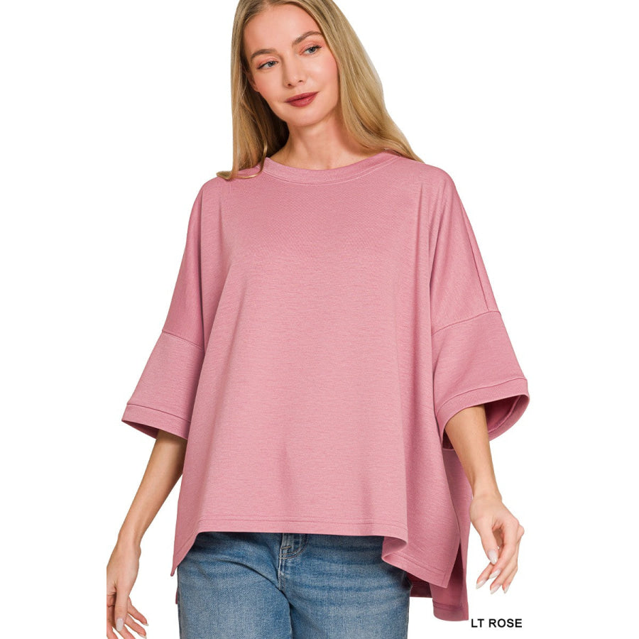 Zenana Scuba Round Neck Top With Side Slits LT ROSE / S/M Apparel and Accessories