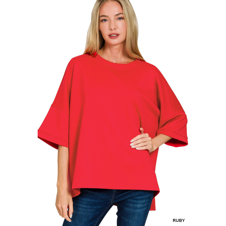 Zenana Scuba Round Neck Top with Side Slits RUBY / S/M Apparel and Accessories