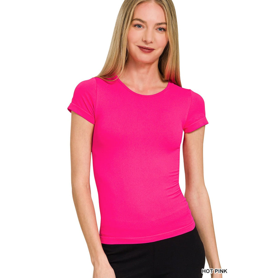 Zenana Seamless Crew Neck Tee HOT PINK / S/M Apparel and Accessories