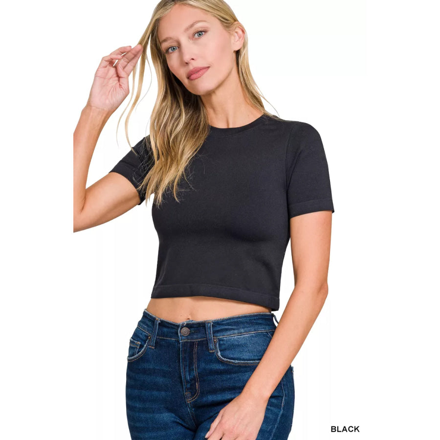 Zenana Seamless Cropped Short Sleeve T-Shirt BLACK / S/M Apparel and Accessories