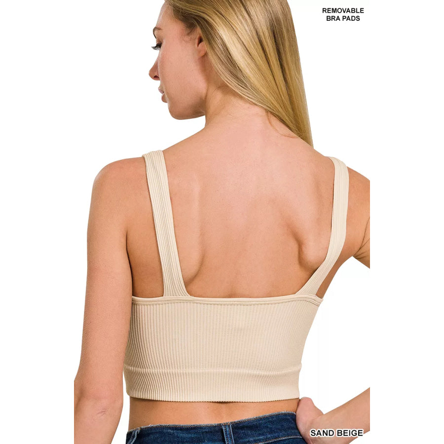 Zenana Seamless Ribbed Cropped Bra Padded V-Neck Tank Apparel and Accessories