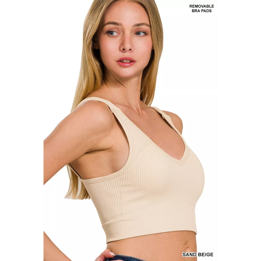 Zenana Seamless Ribbed Cropped Bra Padded V-Neck Tank SAND BEIGE / S/M Apparel and Accessories