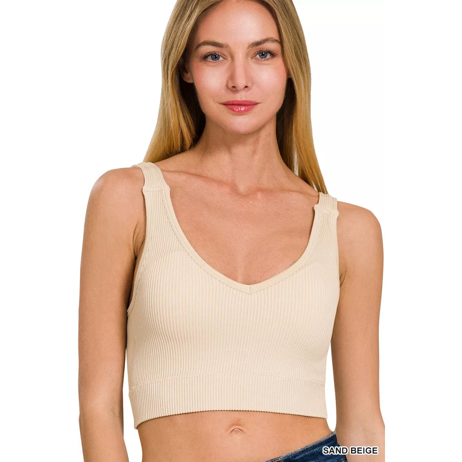 Zenana Seamless Ribbed Cropped Bra Padded V-Neck Tank SAND BEIGE / S/M Apparel and Accessories