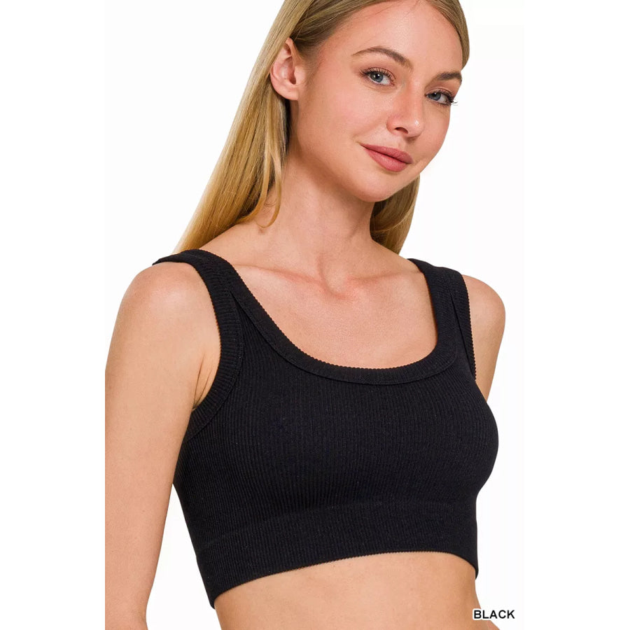 Zenana Seamless Ribbed Scoop Neck Cropped Tank BLACK / S/M Apparel and Accessories