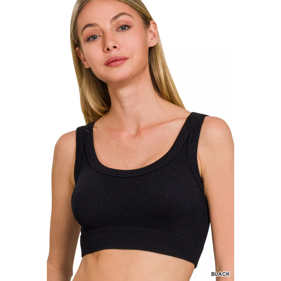 Zenana Seamless Ribbed Scoop Neck Cropped Tank BLACK / S/M Apparel and Accessories