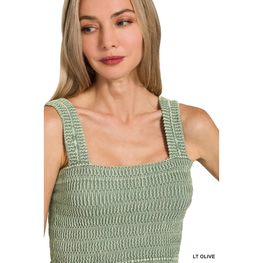 Zenana Seamless Winkle Stone Washed Bra Top LT OLIVE / S/M Apparel and Accessories