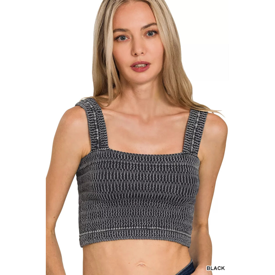 Zenana Seamless Winkle Stone Washed Bra Top BLACK / S/M Apparel and Accessories