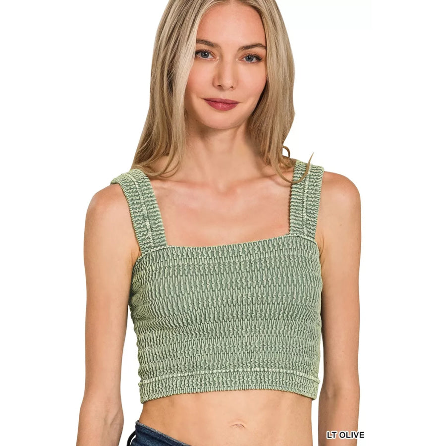 Zenana Seamless Winkle Stone Washed Bra Top LT OLIVE / S/M Apparel and Accessories