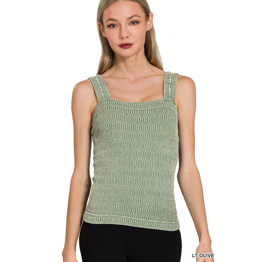 Zenana Seamless Winkle Stone Washed Tank Top LT OLIVE / S/M Apparel and Accessories