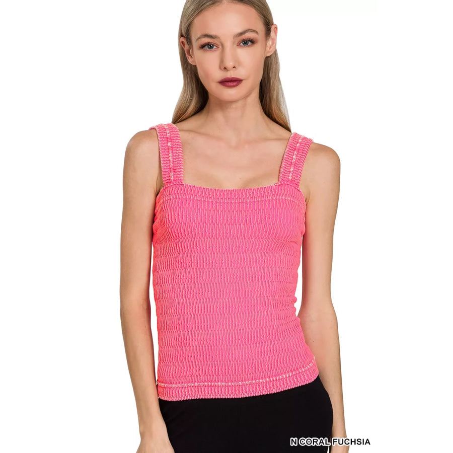 Zenana Seamless Winkle Stone Washed Tank Top N CORAL FUCHSIA / S/M Apparel and Accessories