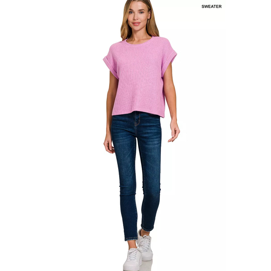 Zenana Short Sleeve Crew Neck Sweater Apparel and Accessories