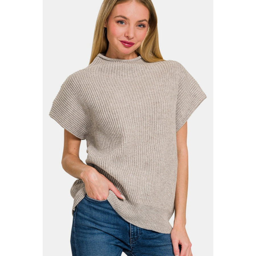 Zenana Short Sleeve Mock Neck Sweater H Mocha / S Apparel and Accessories