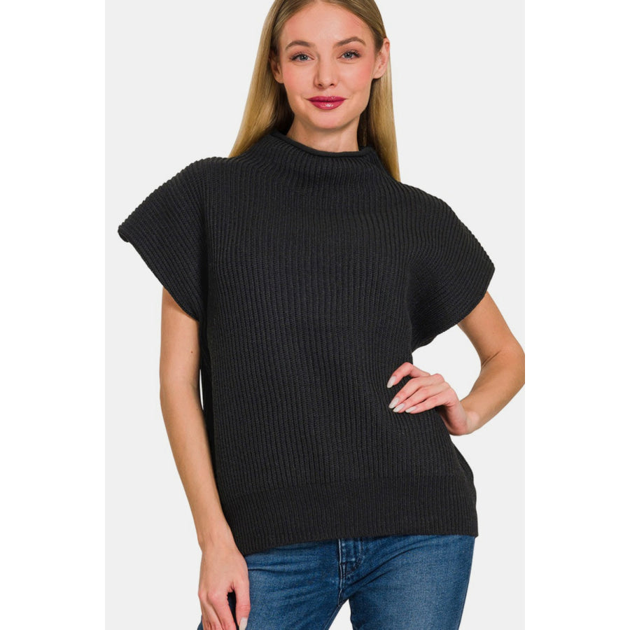 Zenana Short Sleeve Mock Neck Sweater Black / S Apparel and Accessories
