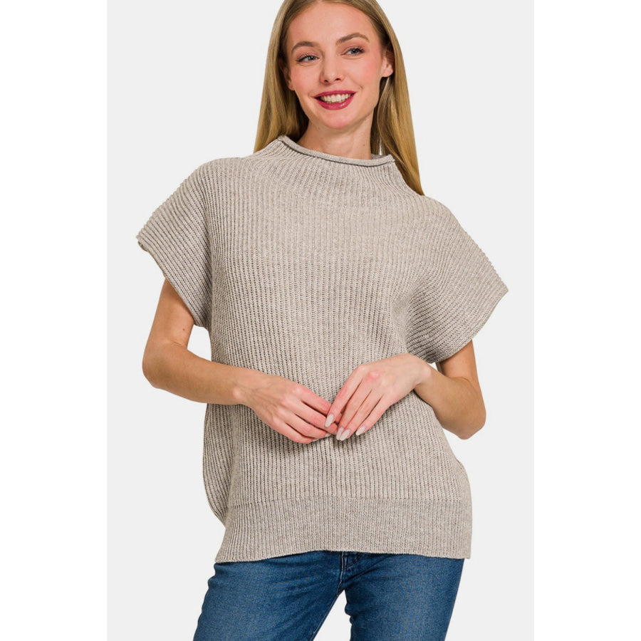 Zenana Short Sleeve Mock Neck Sweater H Mocha / S Apparel and Accessories