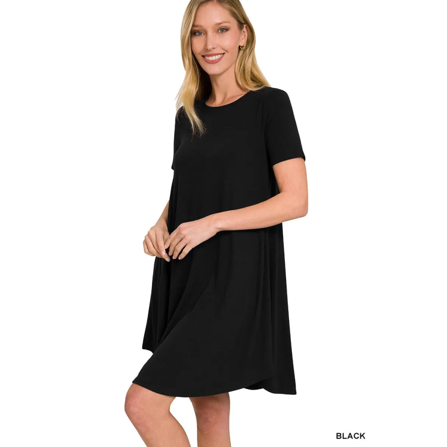 Zenana Short Sleeve Round Hem A-line Dress with Side Pockets Apparel and Accessories